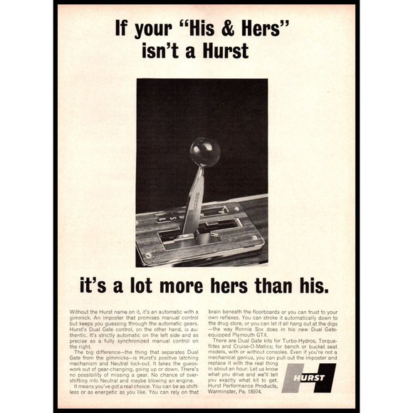 1967 Hurst Automatic Shifter His & Hers Vintage Print Ad Classic Car Wall Art - Picture 1 of 1